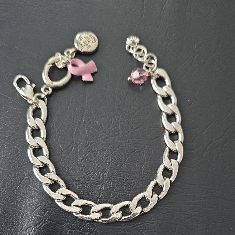 Brighton Collectibles Breast Cancer Silver Charm Bracelet with Pink Ribbon.